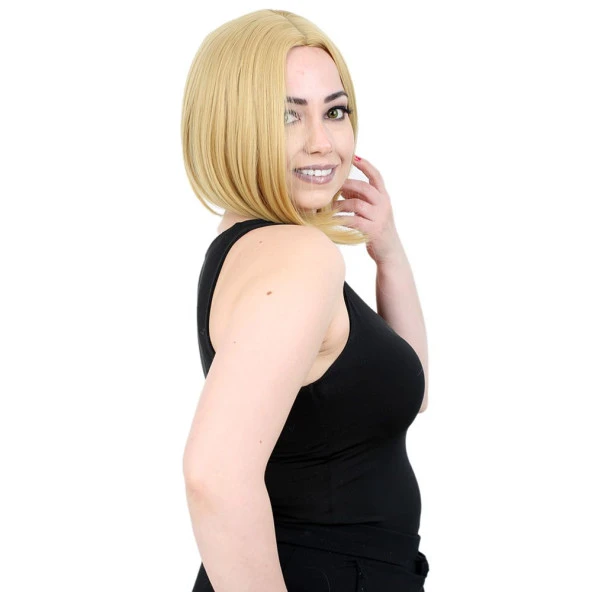 Kahkülsüz Düz Kısa Fiber Sentetik Peruk - Sarı - Resim 2