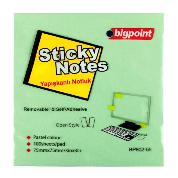Bigpoint Yapışkanlı Not Kağıdı 75 mm x 75 mm Yeşil 100 Yaprak (12 Li Paket)