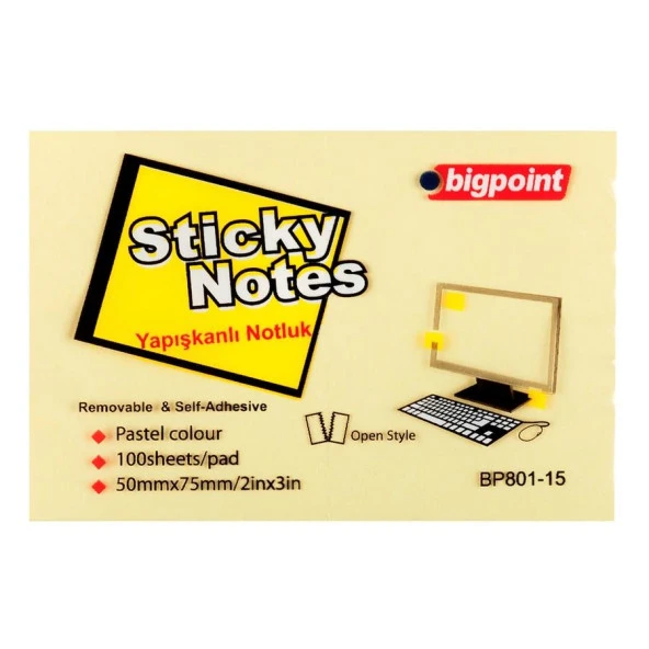 Bigpoint Yapışkanlı Not Kağıdı 75 mm x 50 mm Sarı 100 Yaprak (12 Li Paket)
