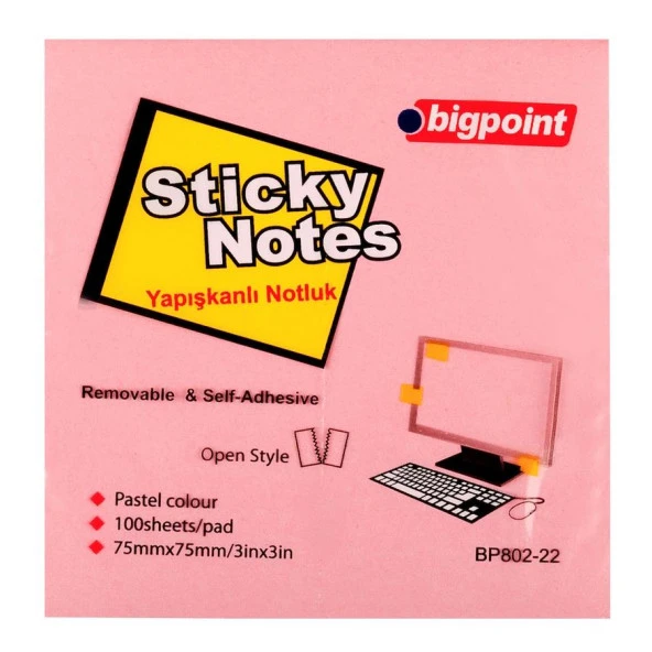 Bigpoint Yapışkanlı Not Kağıdı 75 mm x 75 mm Pembe 100 Yaprak (12 Li Paket)
