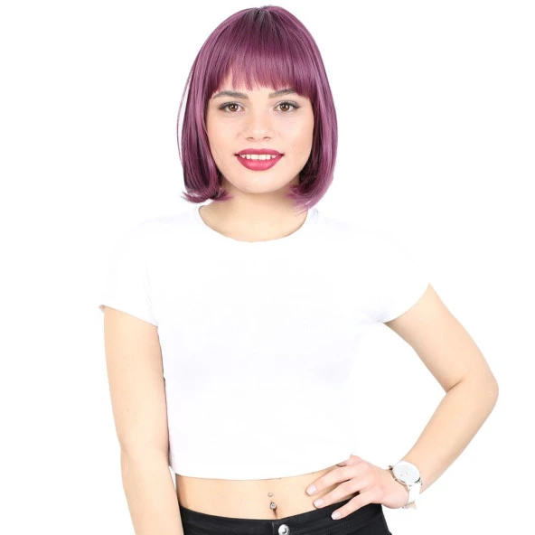 Küt Kahküllü Fiber Sentetik Peruk - Patlıcan Moru ürün görseli