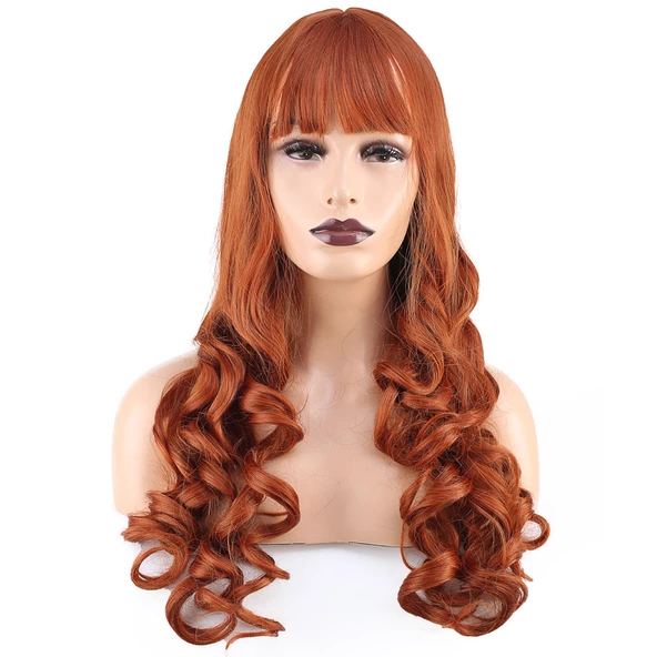 Dalgalı Perçemli Uzun Fiber Sentetik Peruk - Bakır ürün görseli