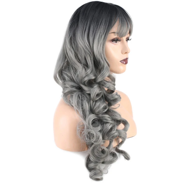 Dalgalı Perçemli Uzun Fiber Sentetik Peruk - Siyah / Gri Ombreli - Resim 2