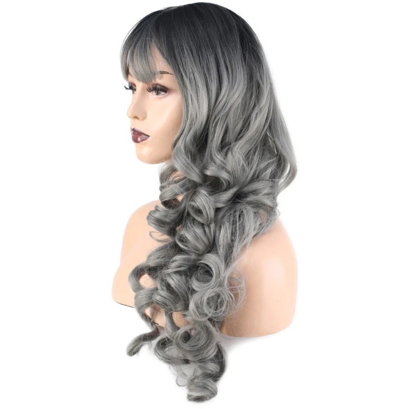 Dalgalı Perçemli Uzun Fiber Sentetik Peruk - Siyah / Gri Ombreli - Resim 3