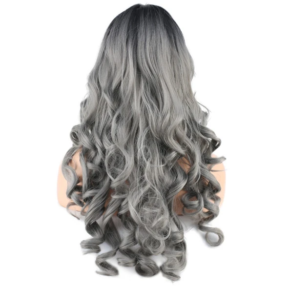 Dalgalı Perçemli Uzun Fiber Sentetik Peruk - Siyah / Gri Ombreli - Resim 4