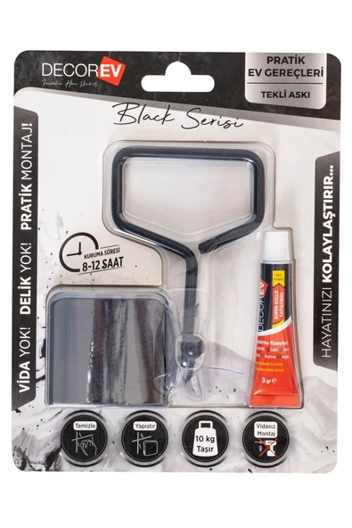 Decorev DC-5052 Dekoratif Yapıştırmalı Banyo Mutfak Metal Tekli Kancalı Askı Siyah Pratik Vidasız - 3
