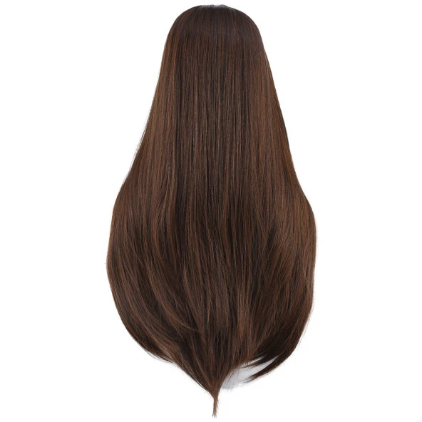 Düz Perçemli Uzun Fiber Sentetik Peruk - Kahve Karamel - Resim 4