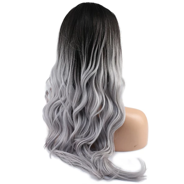 Su Dalgası Fiber Sentetik Tül Peruk - Siyah / Gri Ombreli - Resim 4