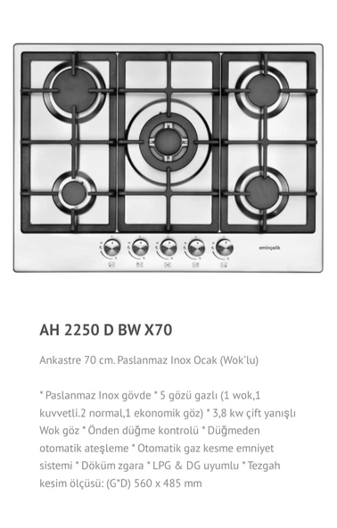 EMİNÇELİK EC-AH 2250 BW X70 DNG INOX 70 CM ANKASTRE OCAK - 4