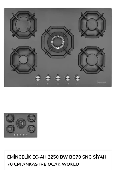 EMİNÇELİK EC-AH 2250 BW BG70 SNG ANKASTRE (GÖMMELİ) 70 CM. SİYAH CAM OCAK SANCAK ALİMER - 7