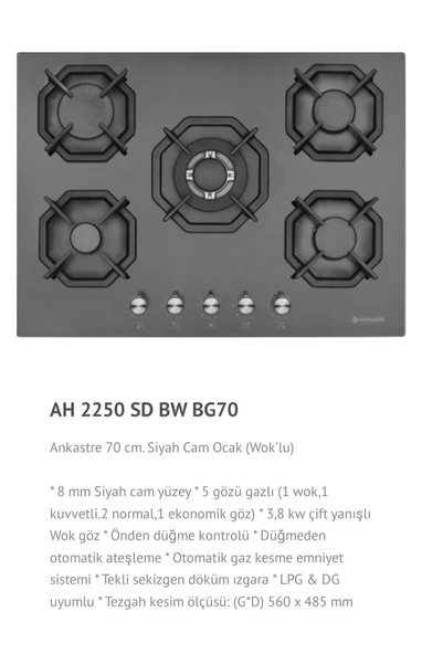 EMİNÇELİK EC-AH 2250 BW BG70 SNG ANKASTRE (GÖMMELİ) 70 CM. SİYAH CAM OCAK SANCAK ALİMER - 2