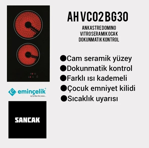 EMİNÇELİK EC-AH VC02 BG30 VİTRO SERAMİK ANKASTRE GÖMMELİ SİYAH CAM OCAK SANCAK ALİMER - 2
