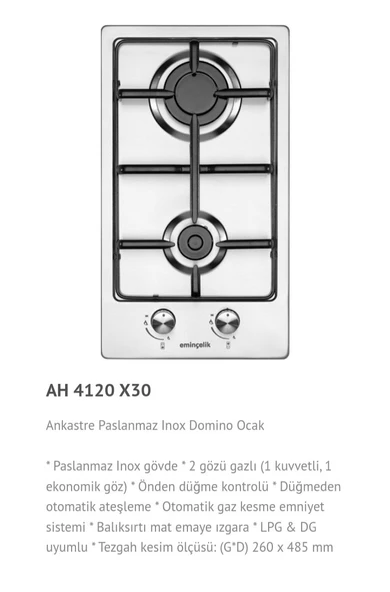 EMİNÇELİK EC-AH 4120 X30 Ankastre Gömmeli Paslanmaz Inox Çelik Ocak 2 GÖZLÜ GAZLI SANCAK ALİMER - 7