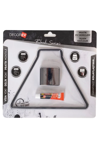 Decorev DC-5058 Dekoratif Yapıştırmalı Banyo Mutfak Metal Üçgen Havluluk Askı Siyah Vidasız Montaj - 3