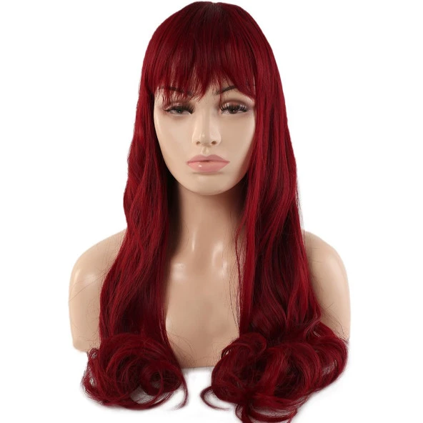 Kahküllü Uzun Dalgalı Fiber Sentetik Peruk - Kızıl ürün görseli