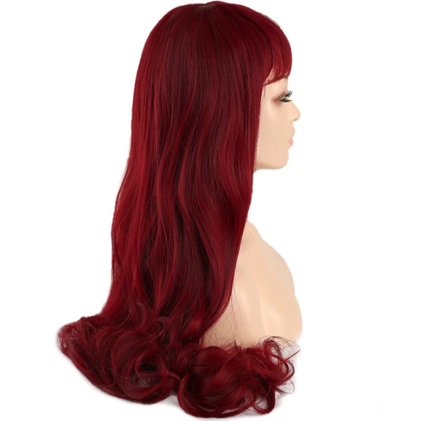 Kahküllü Uzun Dalgalı Fiber Sentetik Peruk - Kızıl - Resim 2
