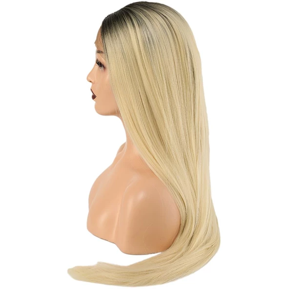 Fiber Sentetik Düz Uzun Tül Peruk - Siyah Platin Uzun Ombreli - Resim 3