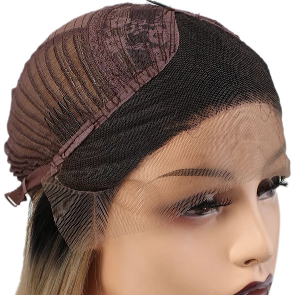 Fiber Sentetik Düz Uzun Tül Peruk - Siyah Balköpüğü Ombreli - Resim 2