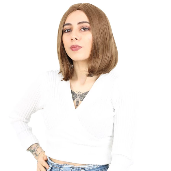 Fiber Sentetik Peruk Perçemsiz Kısa Düz - Kumral - Resim 4