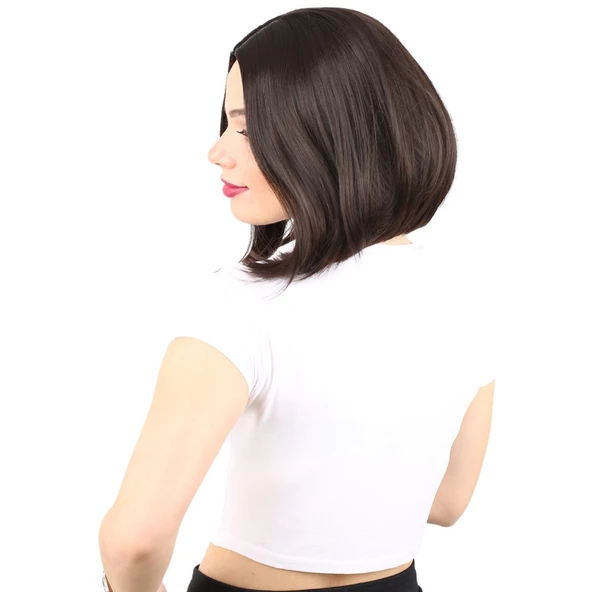 Fiber Sentetik Peruk Perçemsiz Kısa Düz - Kahverengi - Resim 2