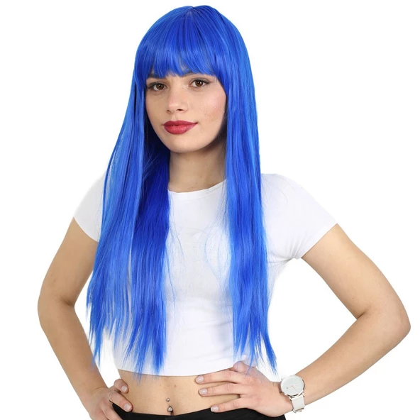 Uzun Kahküllü Fiber Sentetik Peruk - Koyu Mavi ürün görseli