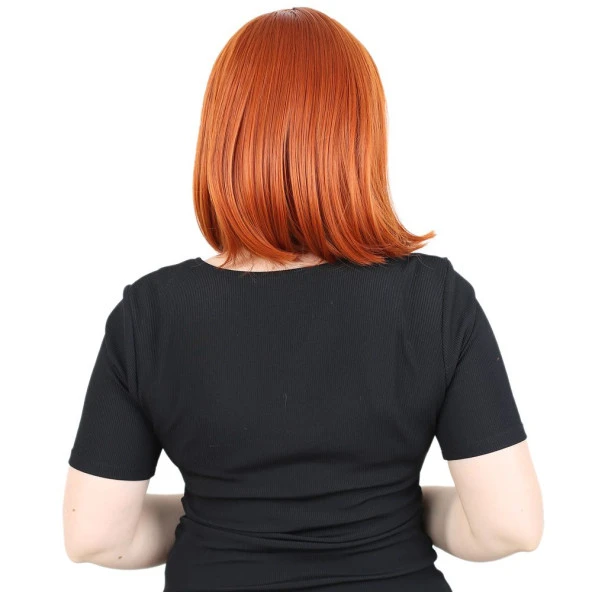 Fiber Sentetik Peruk Perçemsiz Kısa Düz - Bakır - Resim 4