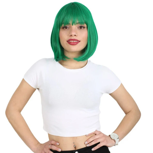 Küt Kahküllü Fiber Sentetik Peruk - Koyu Yeşil ürün görseli