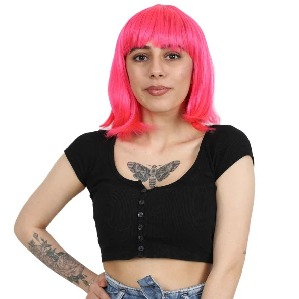 Küt Kahküllü Fiber Sentetik Peruk - Neon Pembe ürün görseli