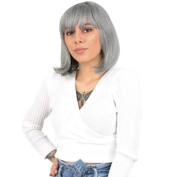 Küt Kahküllü Fiber Sentetik Peruk - Gri ürün görseli