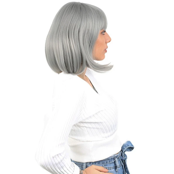 Küt Kahküllü Fiber Sentetik Peruk - Gri - Resim 2