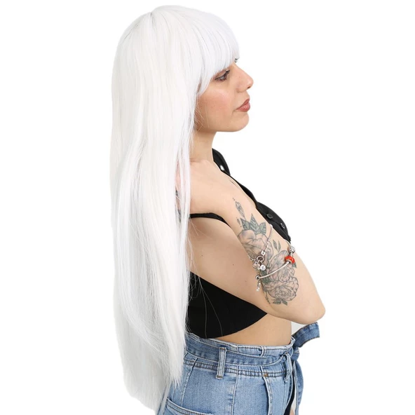 Uzun Kahküllü Fiber Sentetik Peruk - Beyaz - Resim 3