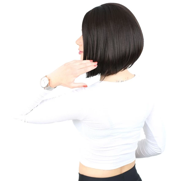 Kahkülsüz Düz Kısa Fiber Sentetik Peruk - Kahverengi - Resim 3