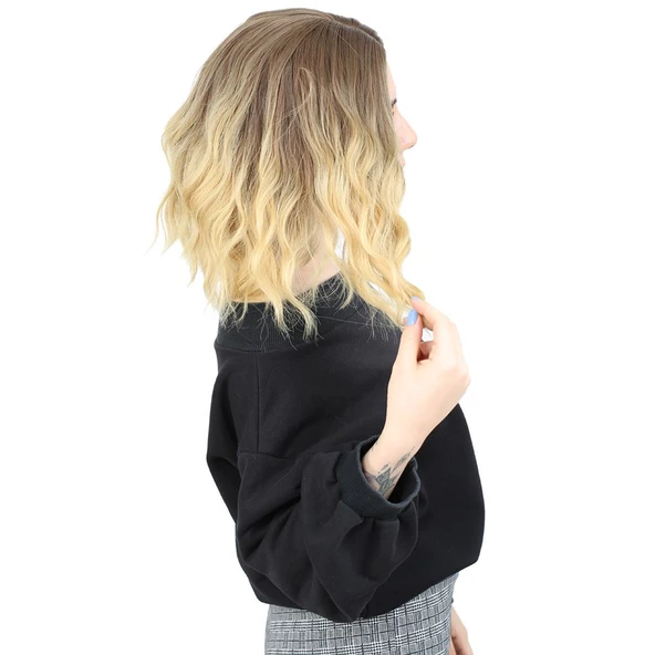 Fiber Sentetik Kısa Dalgalı Perçemsiz Peruk - Kumral / Sarı Ombreli - Resim 2