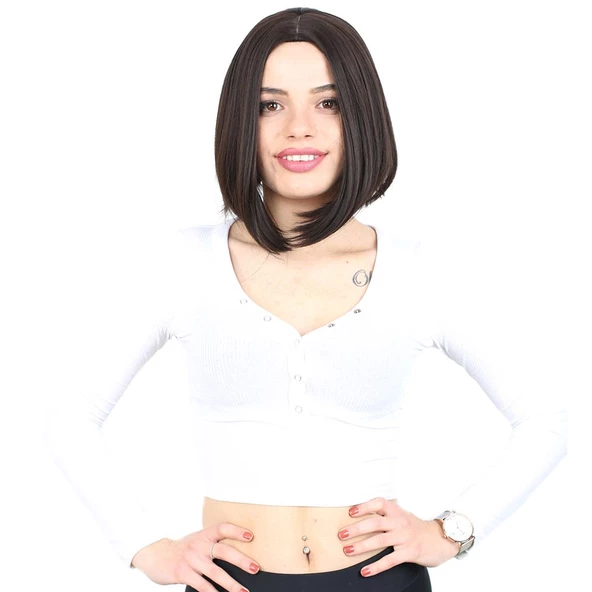 Kahkülsüz Düz Kısa Fiber Sentetik Peruk - Kahverengi ürün görseli