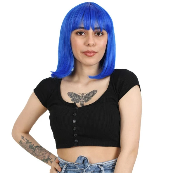 Küt Kahküllü Fiber Sentetik Peruk - Koyu Mavi ürün görseli