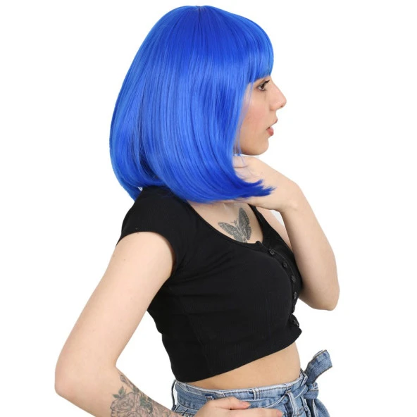 Küt Kahküllü Fiber Sentetik Peruk - Koyu Mavi - Resim 2