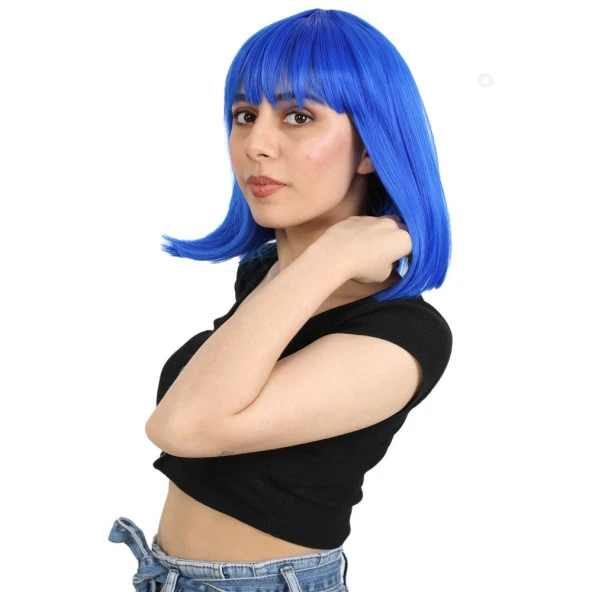 Küt Kahküllü Fiber Sentetik Peruk - Koyu Mavi - Resim 3