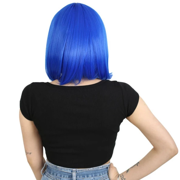 Küt Kahküllü Fiber Sentetik Peruk - Koyu Mavi - Resim 4