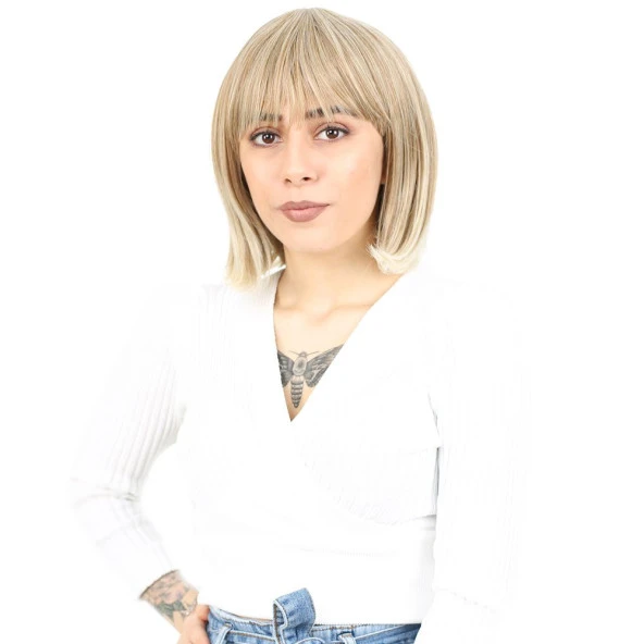 Küt Kahküllü Fiber Sentetik Peruk - Karamel / Platin Röfleli - Resim 4