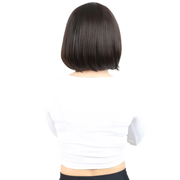 Kahkülsüz Düz Kısa Fiber Sentetik Peruk - Kahverengi - Resim 4