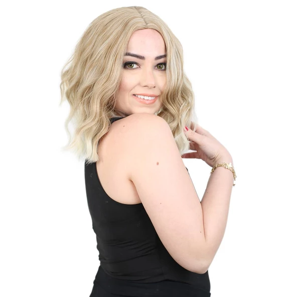 Fiber Sentetik Kısa Dalgalı Perçemsiz Peruk - Karamel / Platin Röfleli - Resim 2