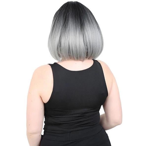 Kısa Küt Perçemli Fiber Sentetik Peruk - Siyah / Gri Ombreli - 4