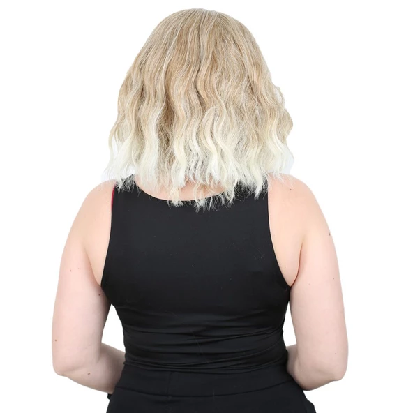 Fiber Sentetik Kısa Dalgalı Perçemsiz Peruk - Karamel / Platin Röfleli - Resim 4