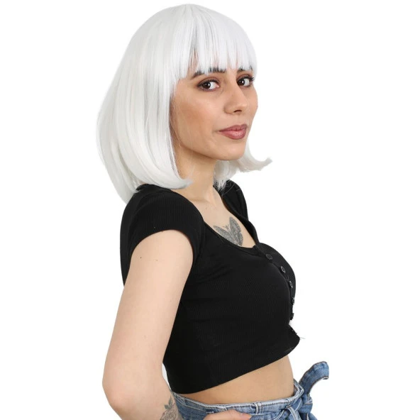 Küt Kahküllü Fiber Sentetik Peruk - Beyaz - Resim 2