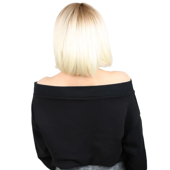 Kısa Küt Perçemli Fiber Sentetik Peruk - Balköpüğü / Platin Ombreli - Resim 4