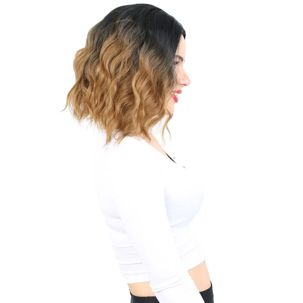 Fiber Sentetik Kısa Dalgalı Perçemsiz Peruk - Siyah / Karamel Ombreli - Resim 2