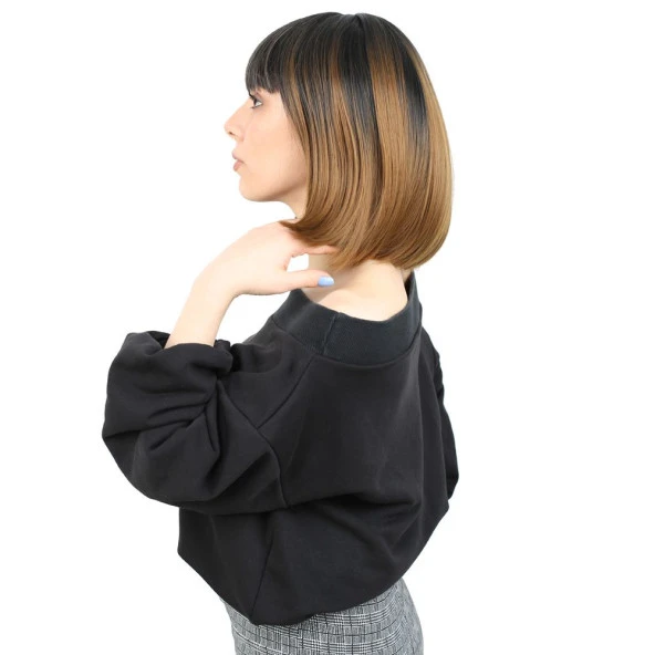 Kısa Küt Perçemli Fiber Sentetik Peruk - Siyah / Karamel Ombreli - 3