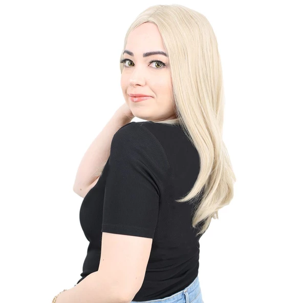 Kahkülsüz Fiber Sentetik Orta Boy Düz Peruk - Balköpüğü / Platin Röfleli - Resim 3