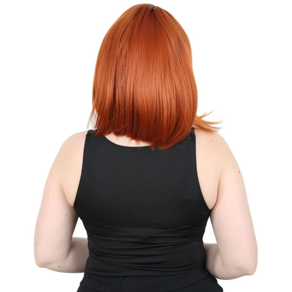 Kısa Küt Perçemli Fiber Sentetik Peruk - Bakır - Resim 4