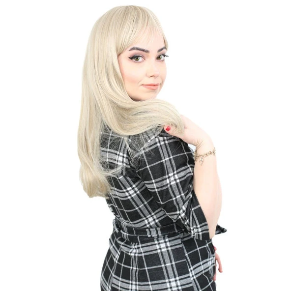 Düz Perçemli Orta Boy Fiber Sentetik Peruk - Balköpüğü / Platin Röfleli - Resim 2